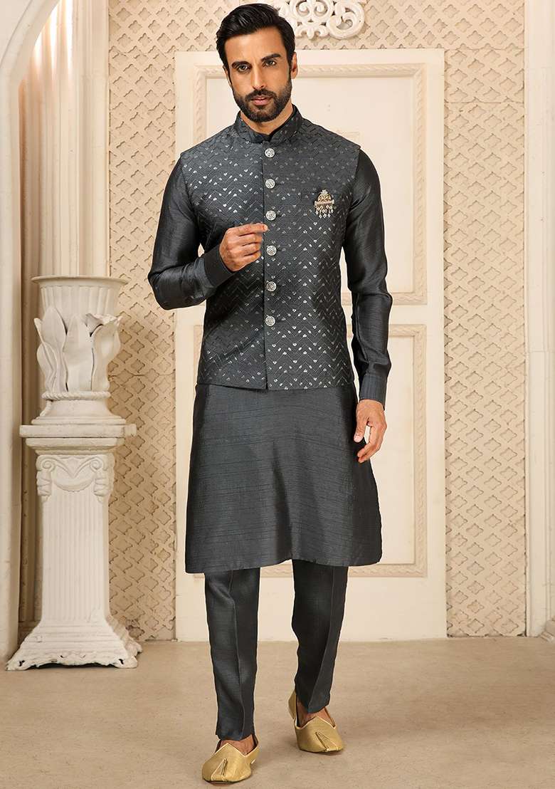 Grey Sequence Embroidered Silk Kurta Set For Men - Indya
