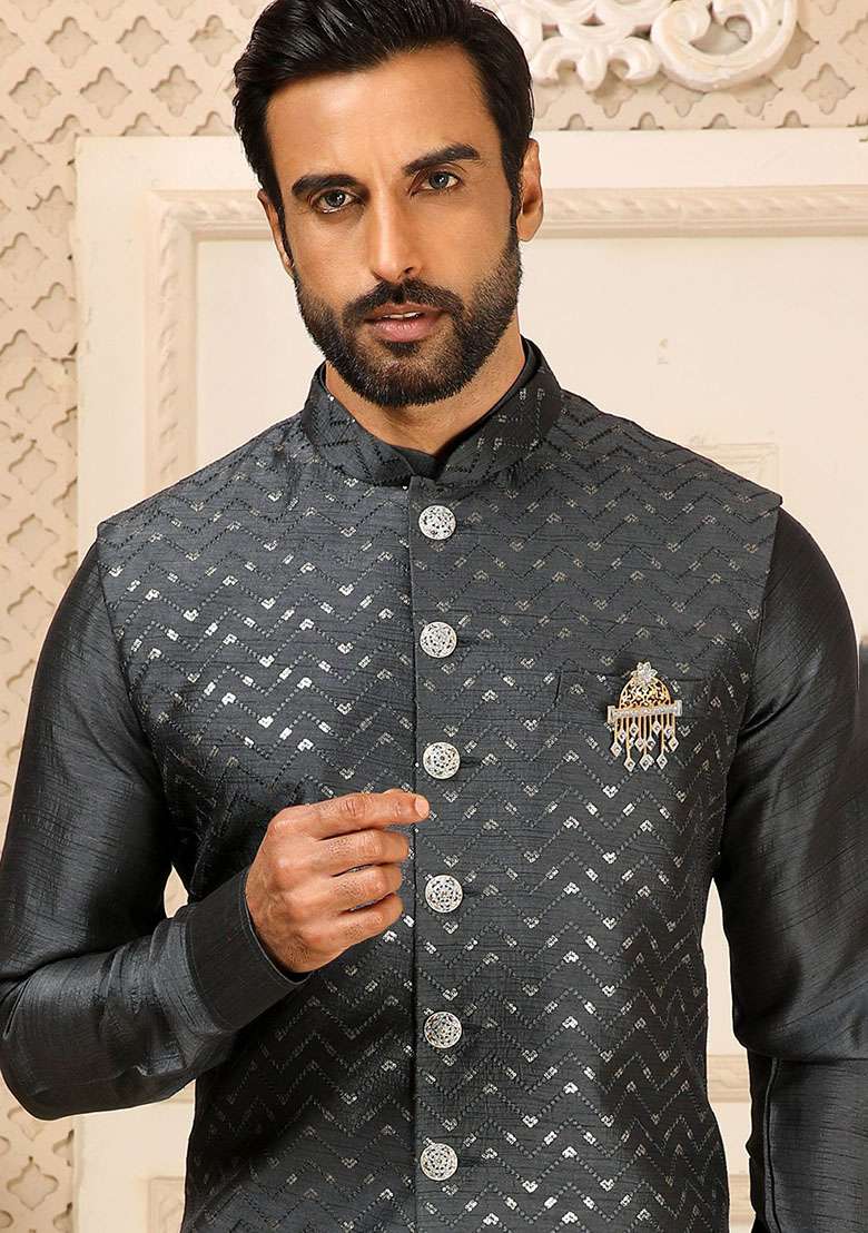 Grey Sequence Embroidered Silk Kurta Set For Men - Indya