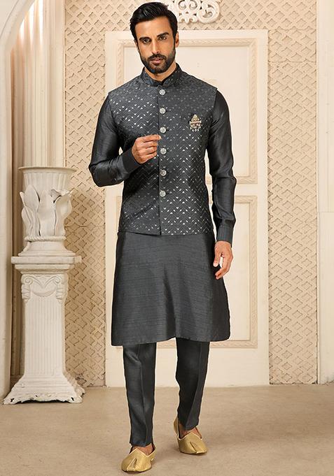 Grey Sequence Embroidered Silk Kurta Set For Men