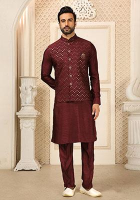 Maroon Sequence Embroidered Silk Kurta Set For Men