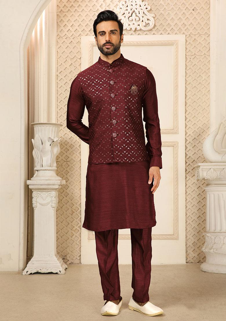 Maroon Sequence Embroidered Silk Kurta Set For Men