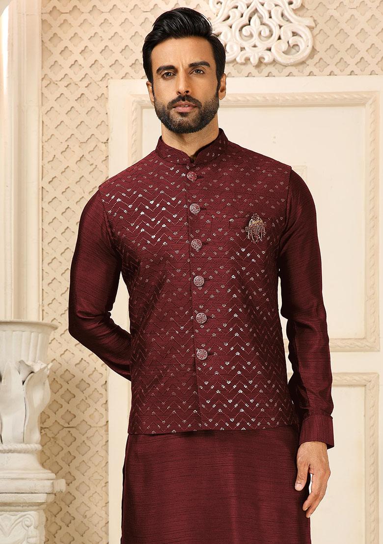 Maroon Sequence Embroidered Silk Kurta Set For Men