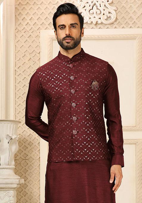 Maroon Sequence Embroidered Silk Kurta Set For Men