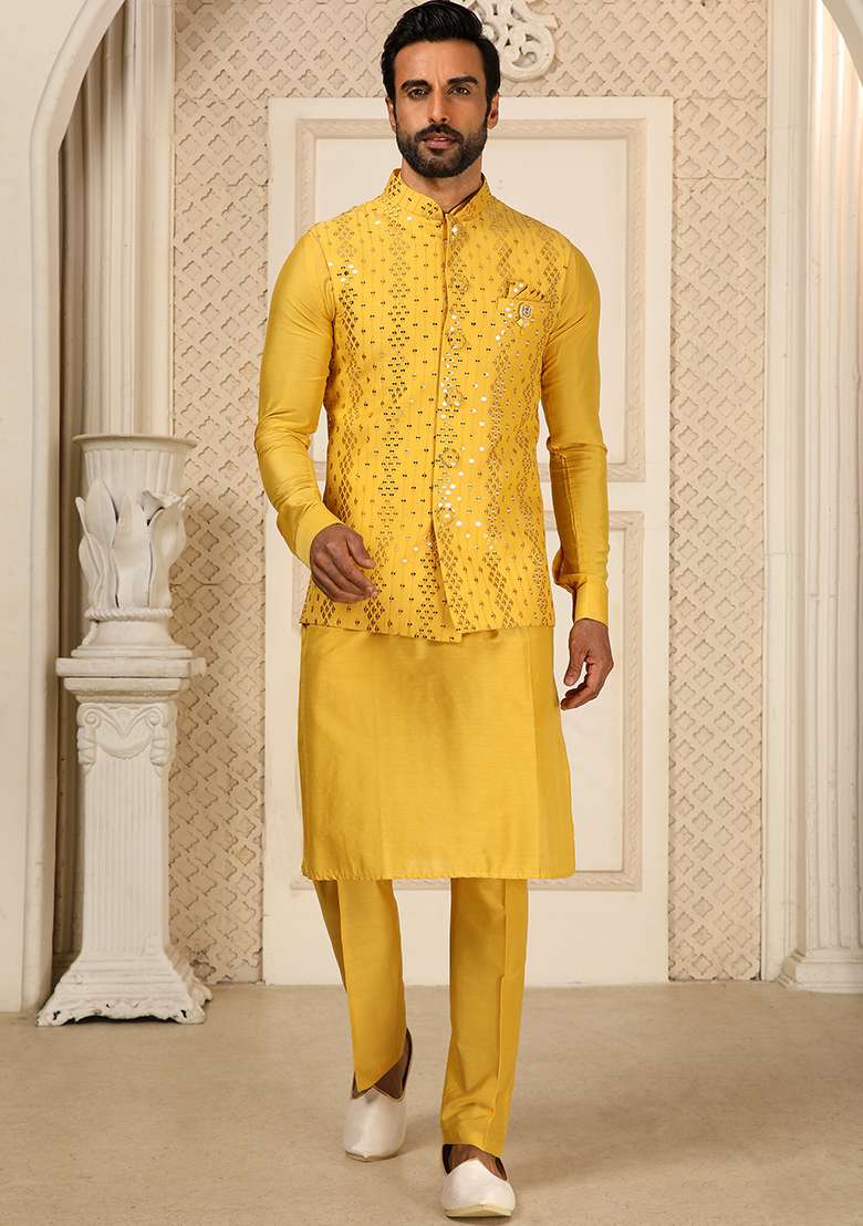 Yellow Sequence Embroidered Silk Blend Kurta Set For Men - Indya