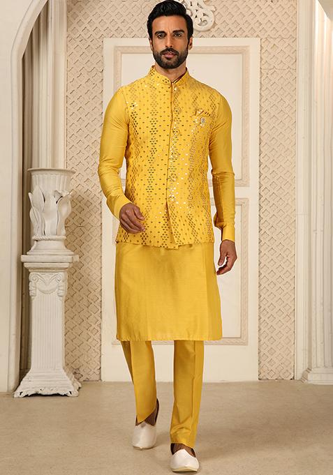 Yellow Sequence Embroidered Silk Kurta Set For Men