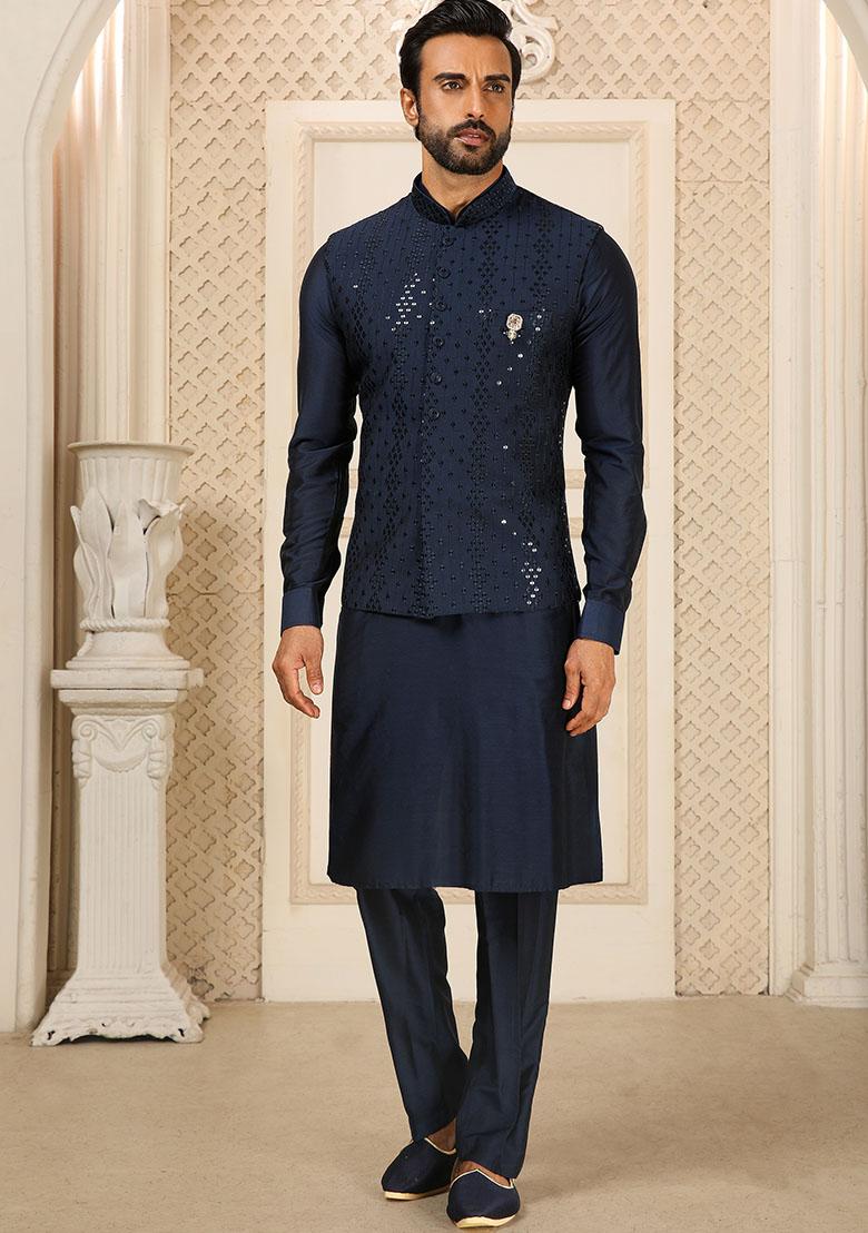 Navy Blue Sequence Embroidered Silk Kurta Set For Men