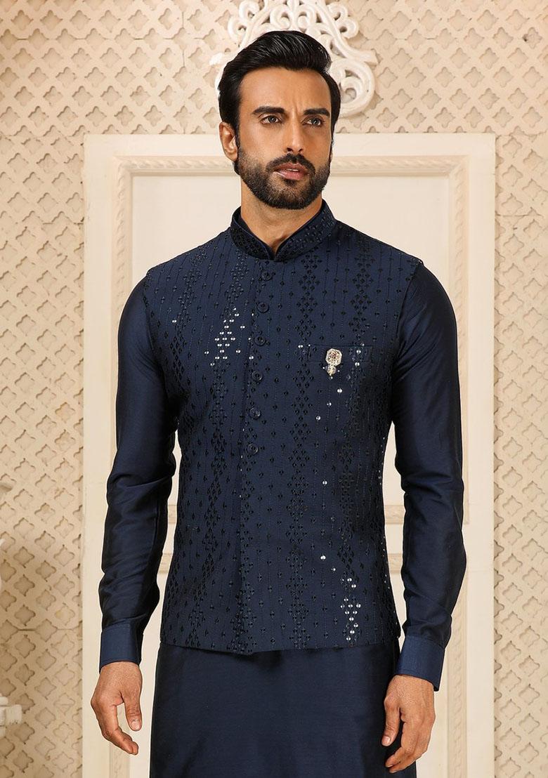 Navy Blue Sequence Embroidered Silk Kurta Set For Men