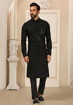 Black Sequence Embroidered Silk Kurta Set For Men
