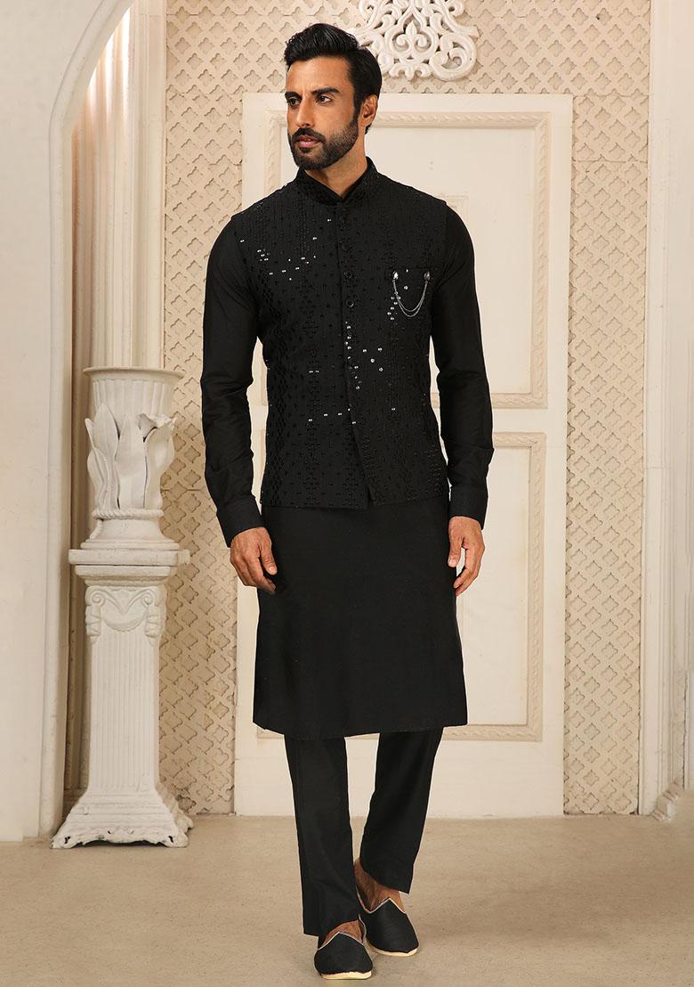 Black Sequence Embroidered Silk Kurta Set For Men