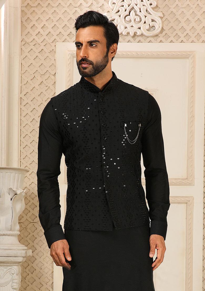 Black Sequence Embroidered Silk Kurta Set For Men