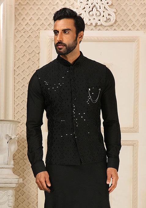 Black Sequence Embroidered Silk Kurta Set For Men