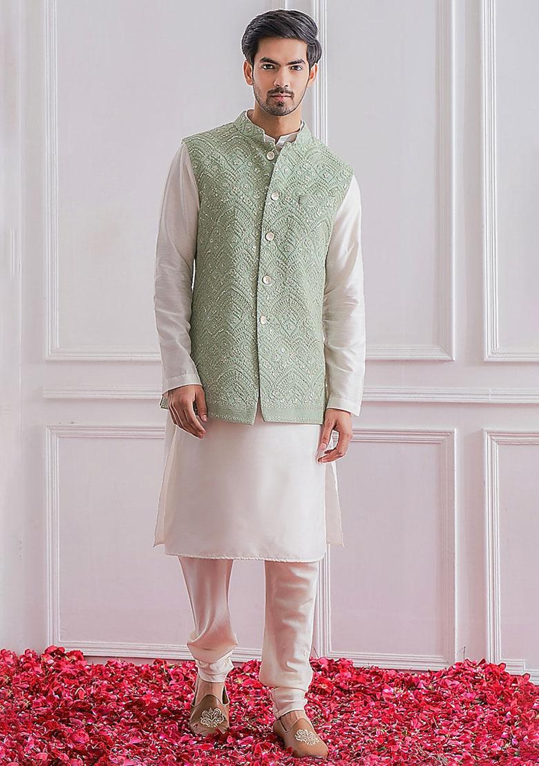 Pista Green And White Sequence Embroidered Silk Kurta Set For Men