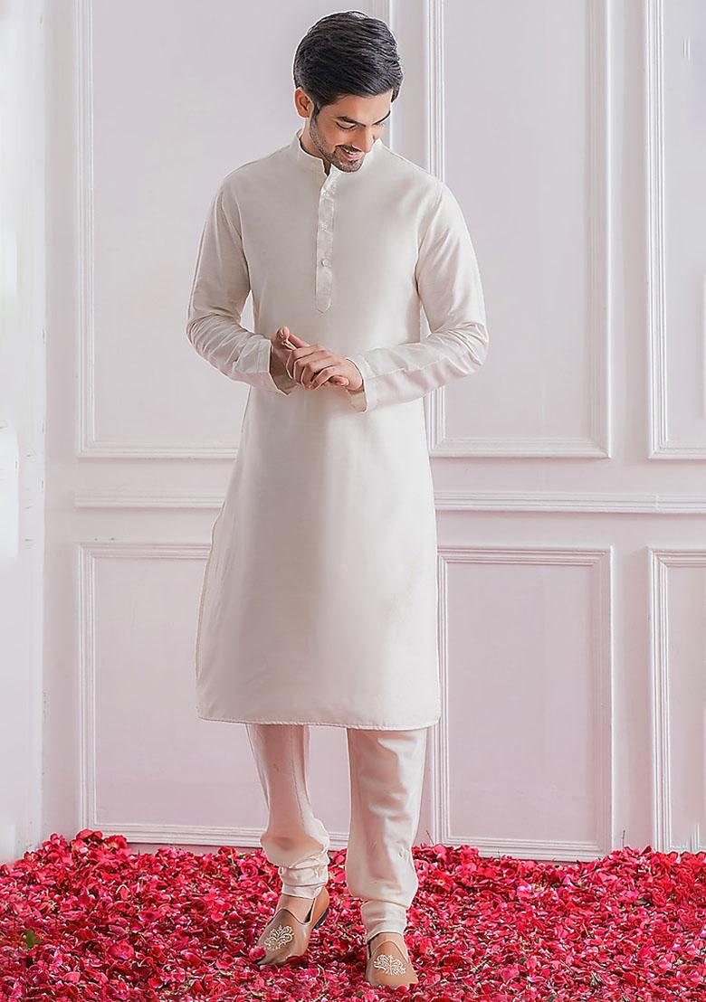 Pista Green And White Sequence Embroidered Silk Kurta Set For Men