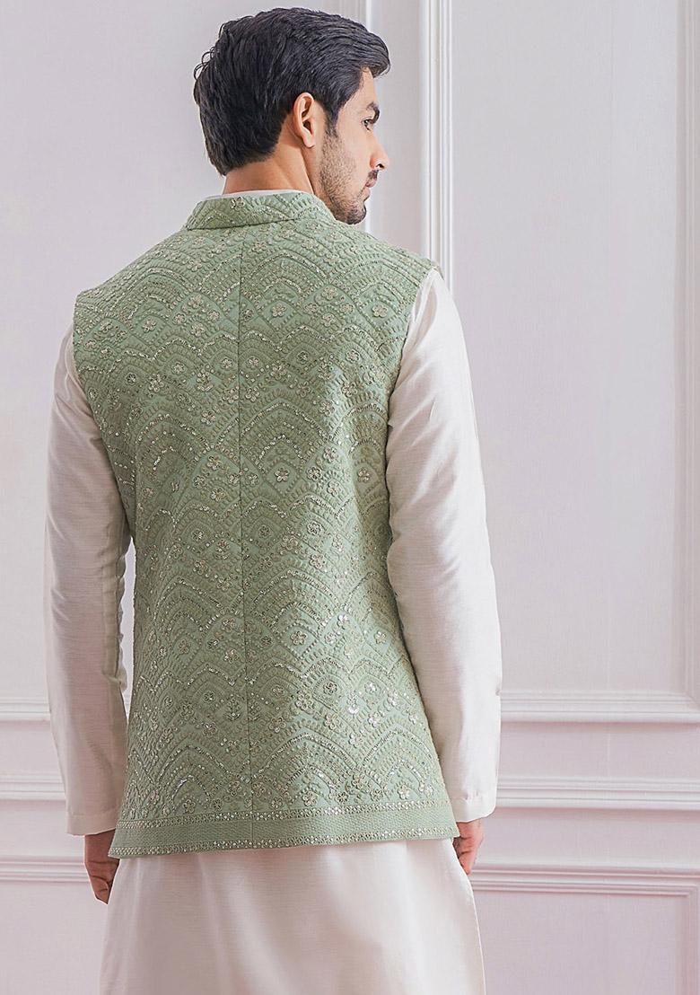 Pista Green And White Sequence Embroidered Silk Kurta Set For Men
