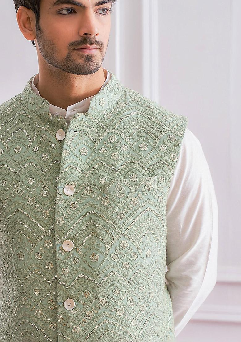 Pista Green And White Sequence Embroidered Silk Kurta Set For Men