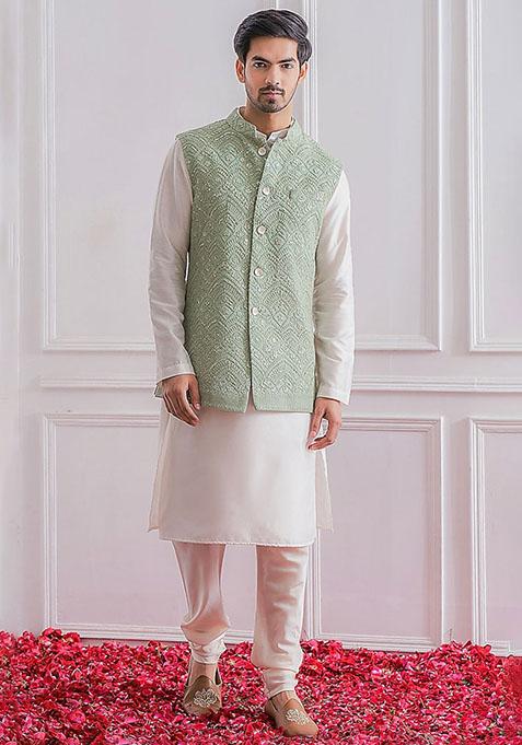 Pista Green And White Sequence Embroidered Silk Kurta Set For Men