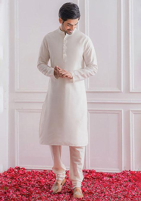 Pista Green And White Sequence Embroidered Silk Kurta Set For Men