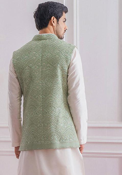 Pista Green And White Sequence Embroidered Silk Kurta Set For Men
