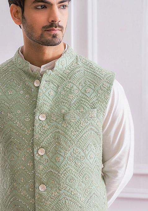 Pista Green And White Sequence Embroidered Silk Kurta Set For Men