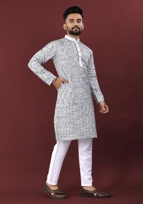 Blue Silk Thread Embroidery With Sequins Work Mens Kurta Pyjama For Men