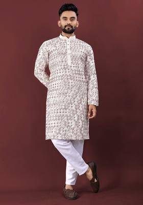 Maroon Silk Thread Embroidery With Sequins Work Mens Kurta Pyjama For Men