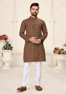 Brown Linen Cotton Jacquard Mens Kurta Pyjama For Men