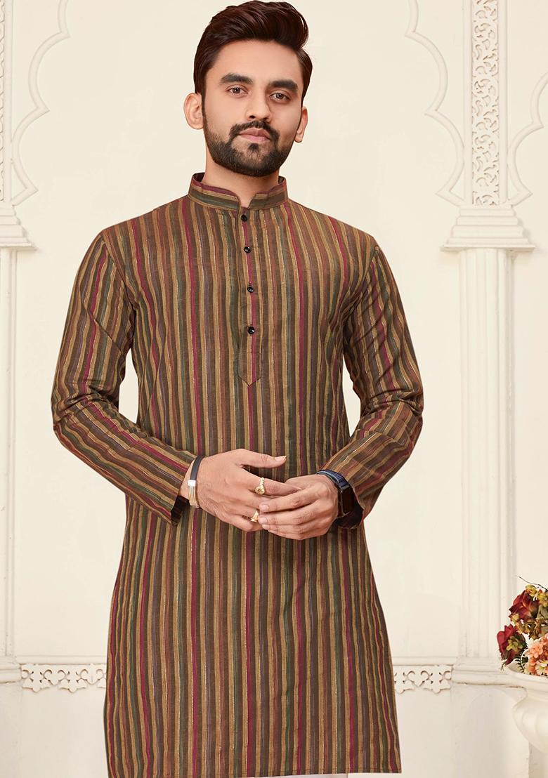 Brown Linen Cotton Jacquard Mens Kurta Pyjama For Men