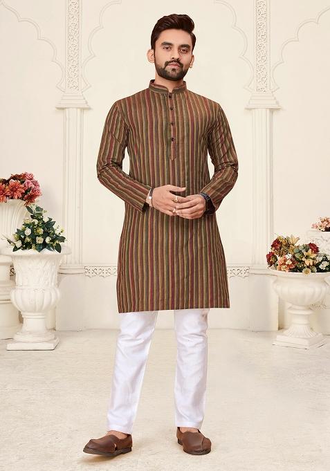 Brown Linen Cotton Jacquard Mens Kurta Pyjama For Men