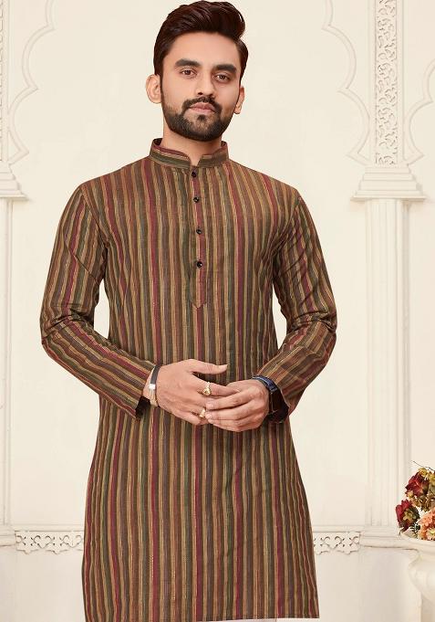 Brown Linen Cotton Jacquard Mens Kurta Pyjama For Men