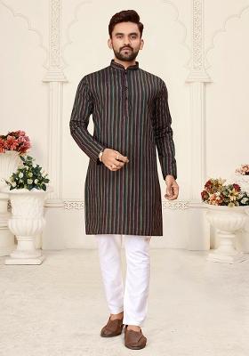Blue Linen Cotton Jacquard Mens Kurta Pyjama For Men