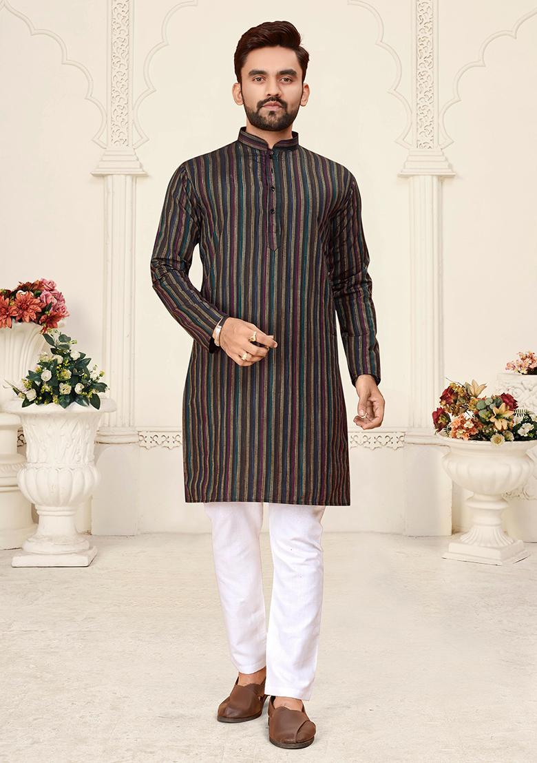 Blue Linen Cotton Jacquard Mens Kurta Pyjama For Men