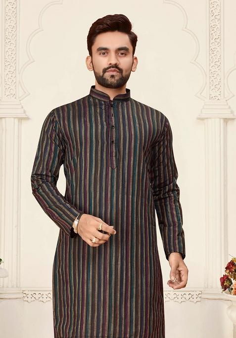 Blue Linen Cotton Jacquard Mens Kurta Pyjama For Men
