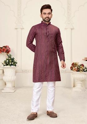 Pink Linen Cotton Jacquard Mens Kurta Pyjama For Men