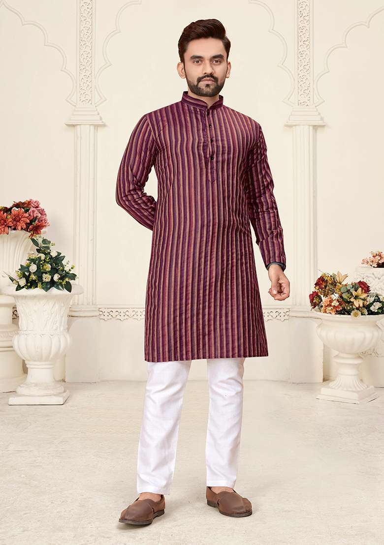 Pink Linen Cotton Jacquard Mens Kurta Pyjama For Men - Indya