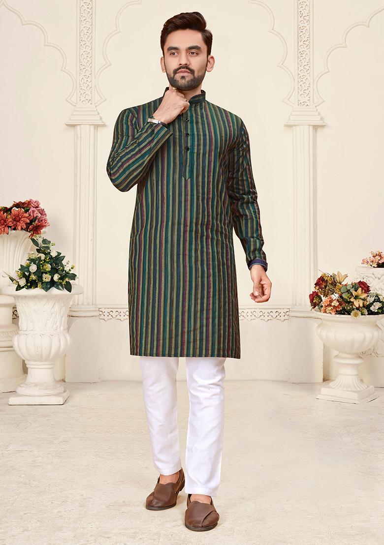Green Linen Cotton Jacquard Mens Kurta Pyjama For Men