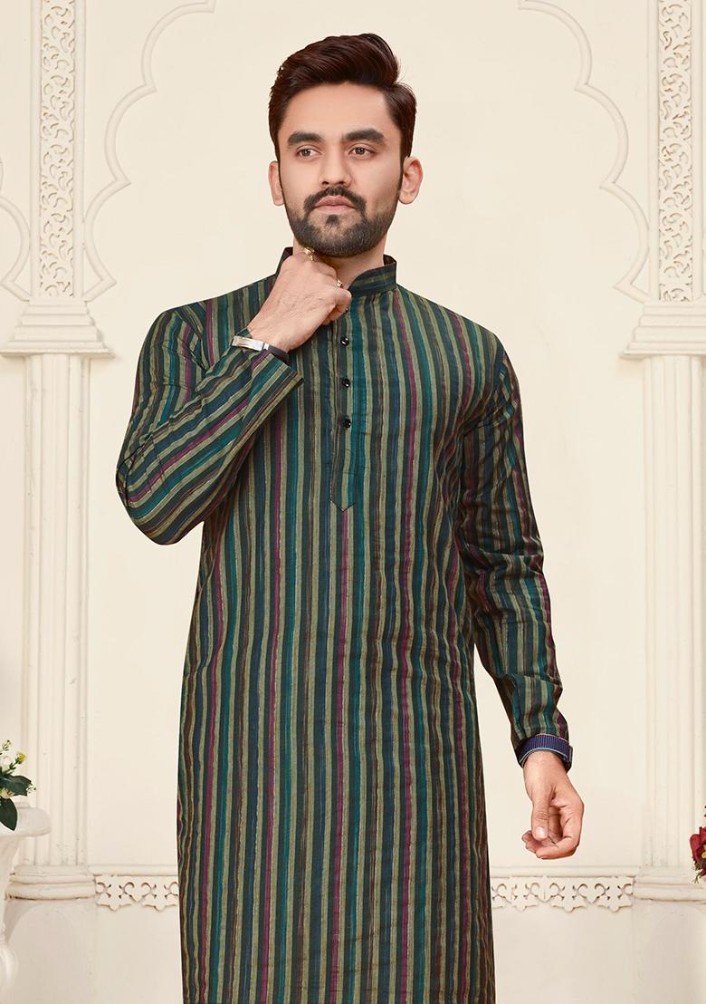 Green Linen Cotton Jacquard Mens Kurta Pyjama For Men