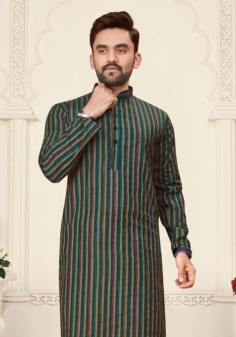 Green Linen Cotton Jacquard Mens Kurta Pyjama For Men