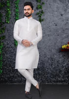 White Slub Cotton Silver Weaving Mens Kurta Pyjama For Men