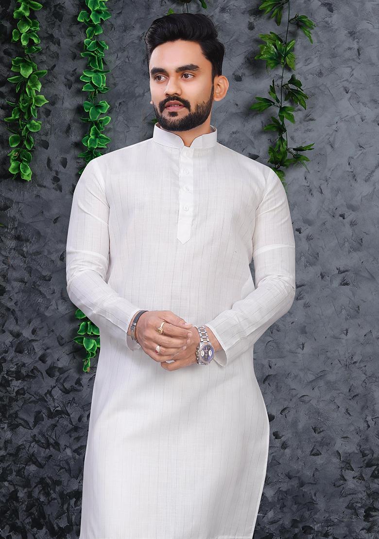 White Slub Cotton Silver Weaving Mens Kurta Pyjama For Men