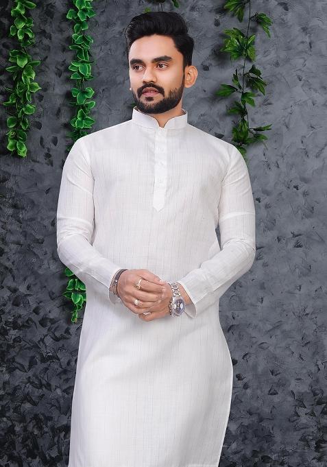White Slub Cotton Silver Weaving Mens Kurta Pyjama For Men