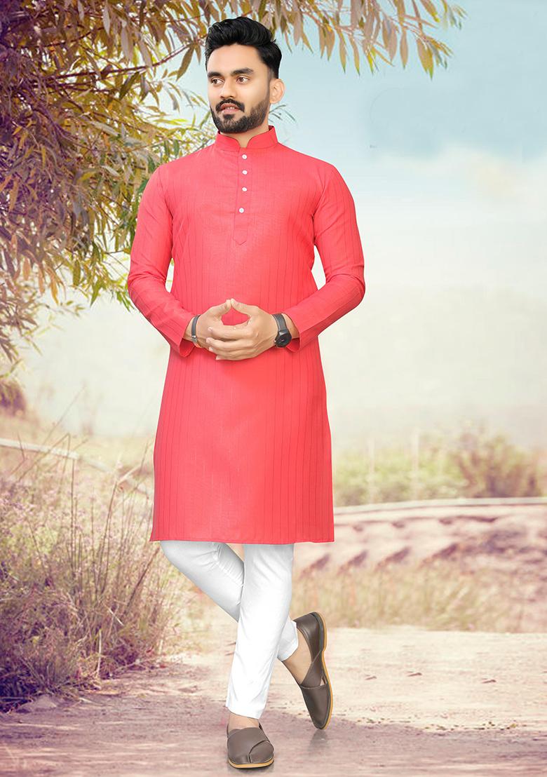 Peach Slub Cotton Silver Weaving Mens Kurta Pyjama For Men