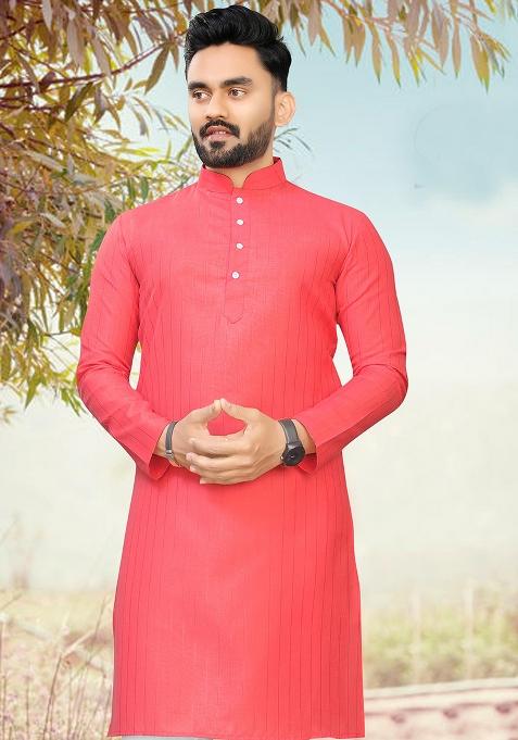 Peach Slub Cotton Silver Weaving Mens Kurta Pyjama For Men