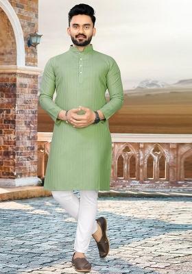 Olive Slub Cotton Silver Weaving Mens Kurta Pyjama For Men
