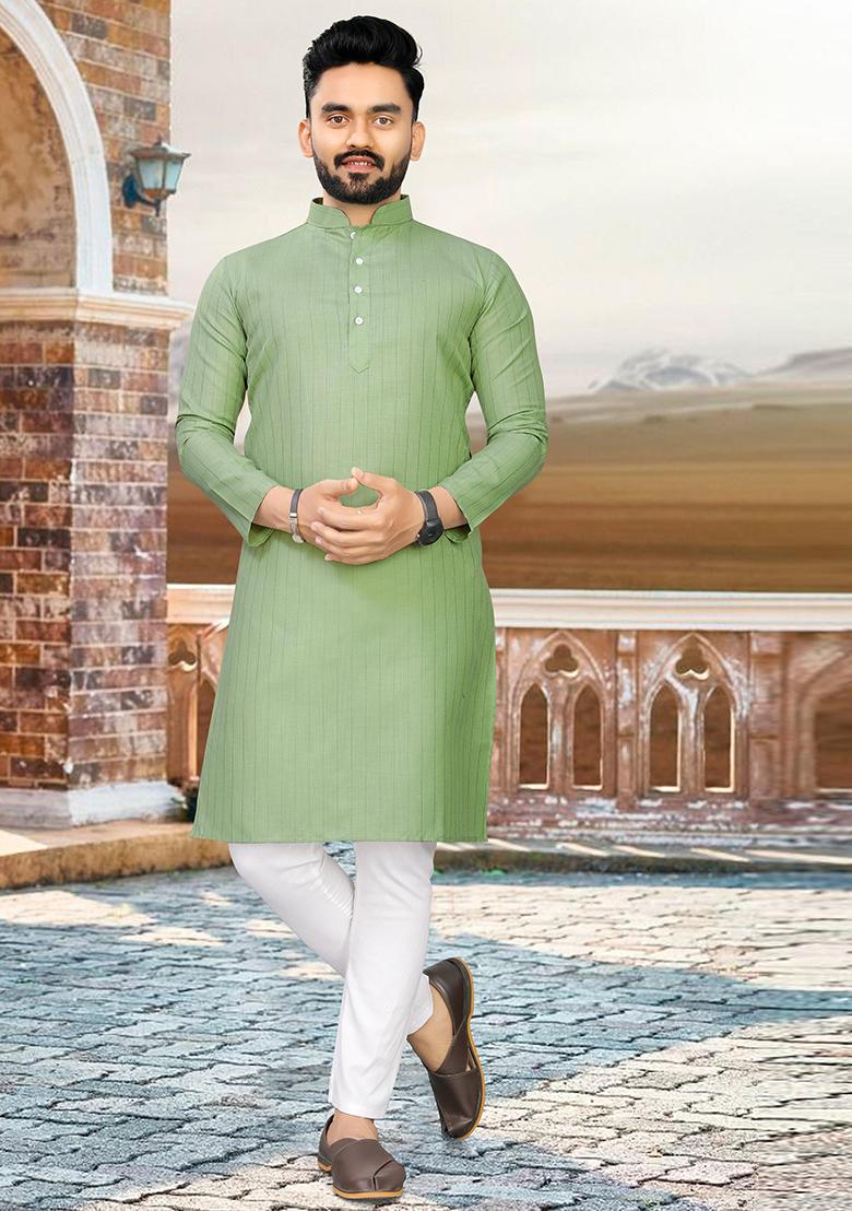 Olive Slub Cotton Silver Weaving Mens Kurta Pyjama For Men