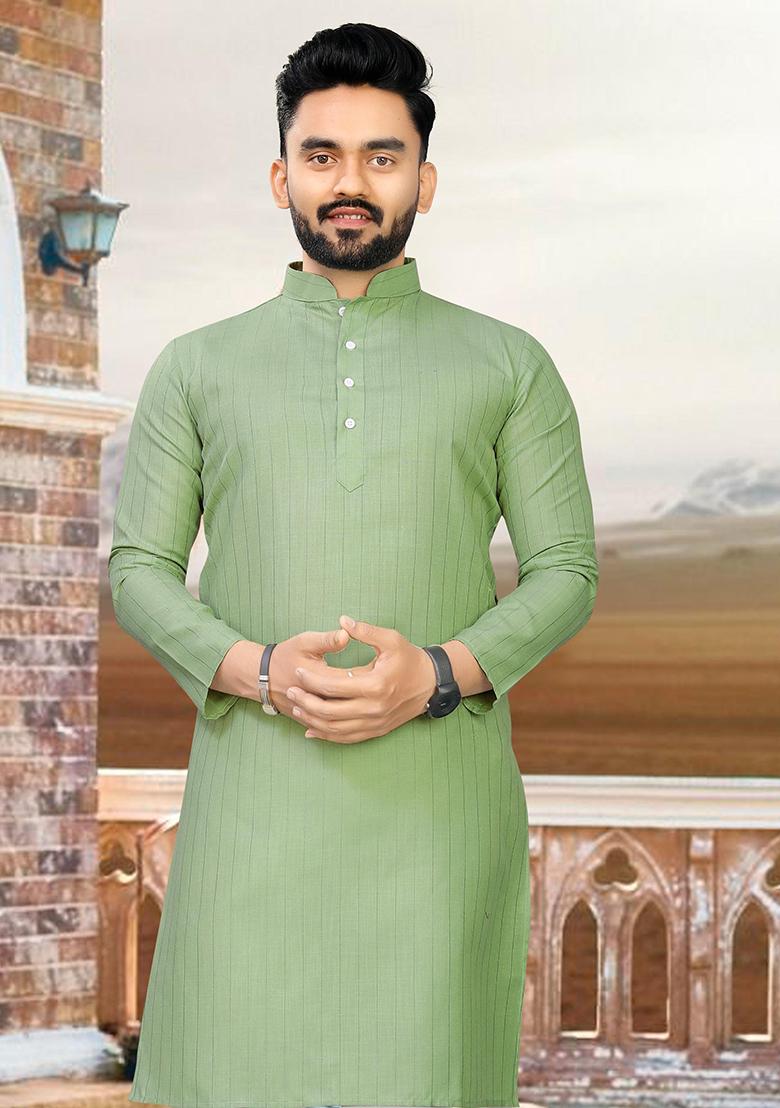 Olive Slub Cotton Silver Weaving Mens Kurta Pyjama For Men