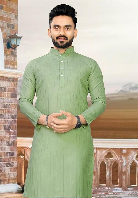 Olive Slub Cotton Silver Weaving Mens Kurta Pyjama For Men
