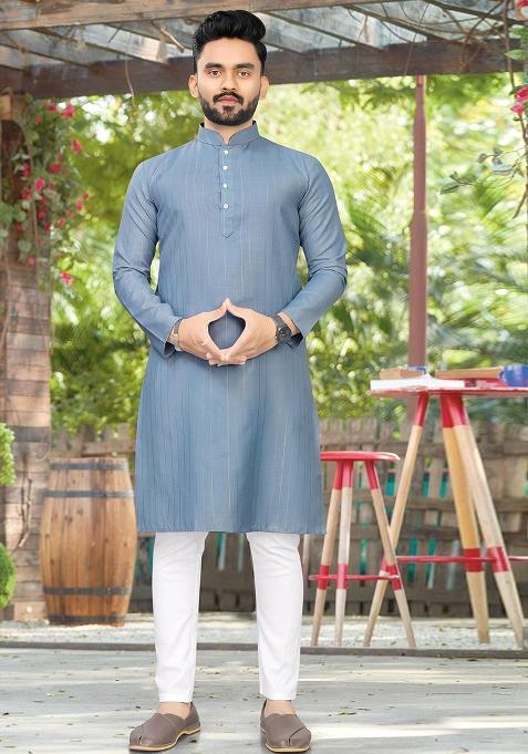 Charcoal Slub Cotton Silver Weaving Mens Kurta Pyjama For Men