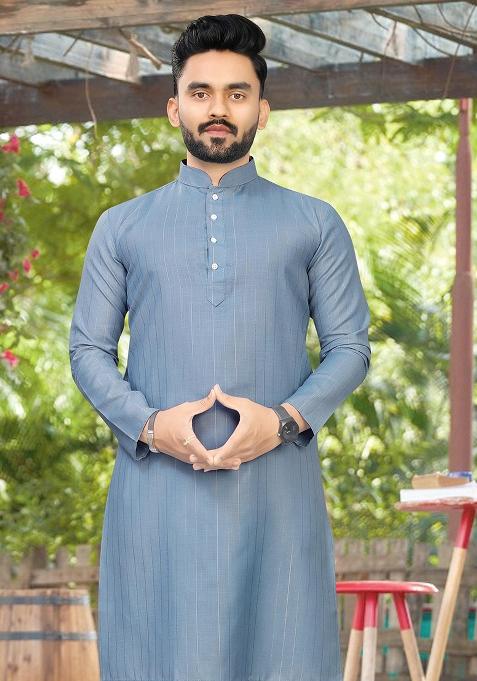 Charcoal Slub Cotton Silver Weaving Mens Kurta Pyjama For Men