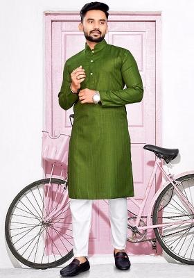 Green Slub Cotton Silver Weaving Mens Kurta Pyjama For Men