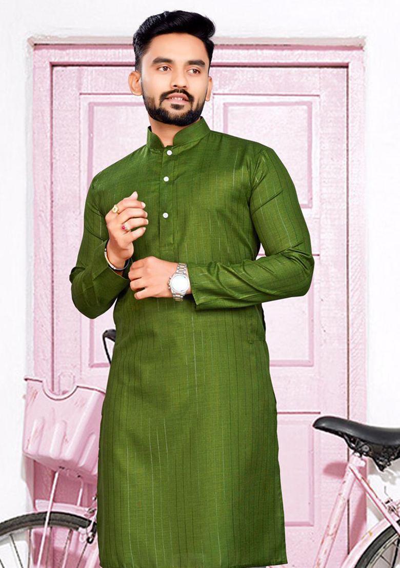 Green Slub Cotton Silver Weaving Mens Kurta Pyjama For Men
